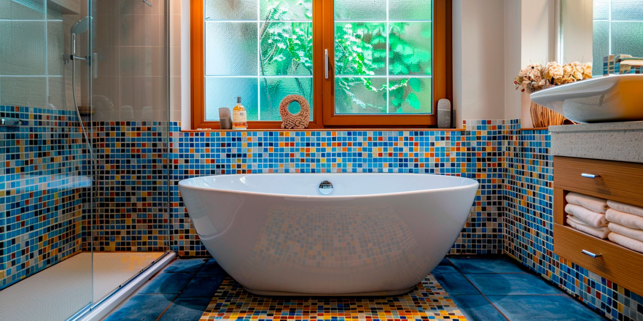 Modernes Badezimmer mit freistehender Badewanne und Mosaikfliesen Ein Badezimmer mit einer freistehenden Badewanne vor einer Mosaikfliesenwand und einem Fenster, das Tageslicht hereinlässt.